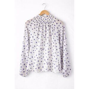 Elizabeth and James Floral Smocked Neck  2 Blouse Purple White Sheer Size S